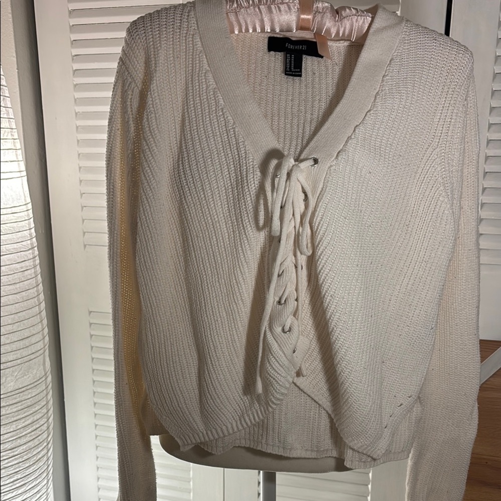 Forever 21 Cream Cardigan with Lace-Up Detail